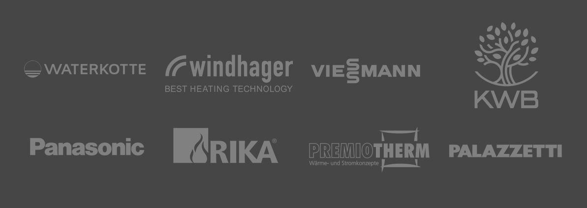 Zu sehen sind Firmen Logos: Waterkotte, Windhager, viessmann, KWB, Panasonic, RIKA, Premiotherm, Palazzetti